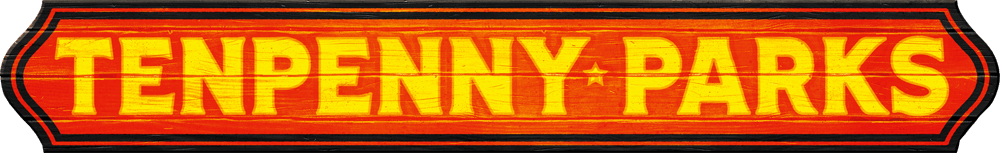 tenpenny parks logo text painted in yellow on red wooden sign