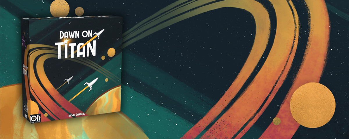 Dawn on Titan board game box overlaying and illustration of Saturn and its rings