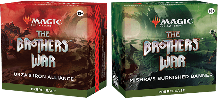 An opposing pair of magic the gathering pre-release kits for The Brothers' War