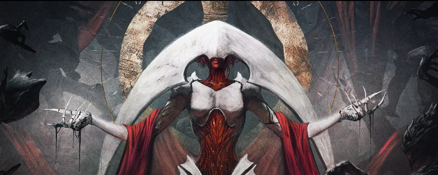 Stylized illustration of a woman in red with a large bone mask and armor, with claw-like alien hands