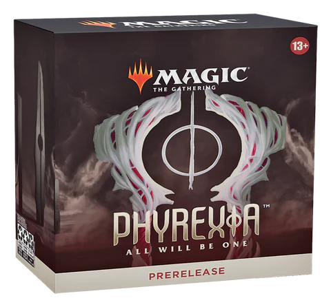 a box labeled Magic the gathering, Phyrexia all will be one, prerelease with abstract art in red and white