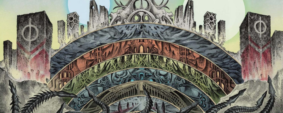 stylized illustration side-cut view of a layered city extending underground, with menacing mechanical tentacles in the foreground