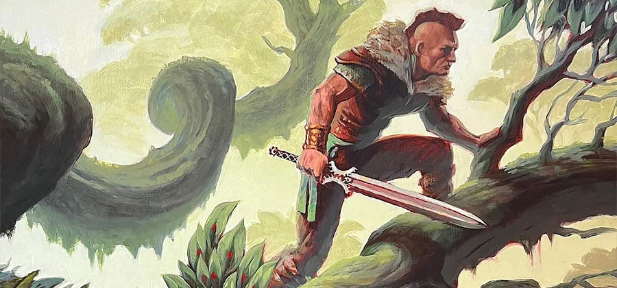 illustration of a humanoid with a mohawk and a sword climbing among thick and gnarled tree limbs