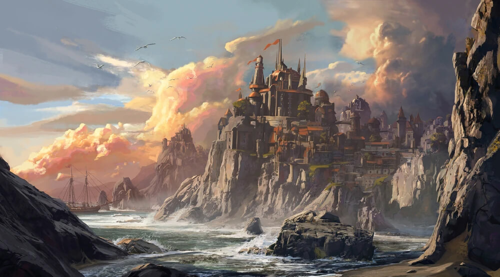 illustration of the fictional city of Neverwinter from Dungeons & Dragons by Jedd Chevrier