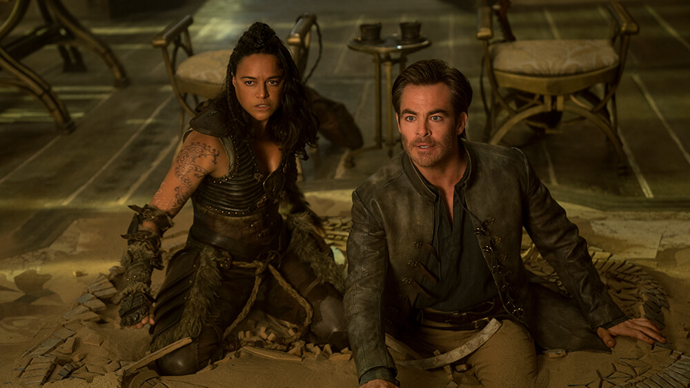 still photo from the 2023 D&D movie featuring Chris Pine and Michelle Rodriguez