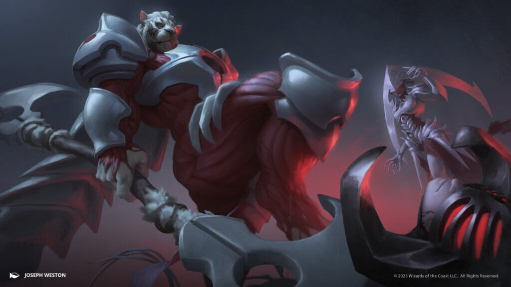illustration of a sinister feline warrior and alien woman in tones of red, white, and black