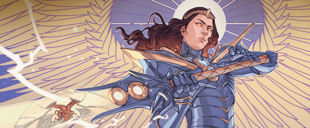 art deco stylized illustration of a woman in armor with angelic wings wielding a shining sword