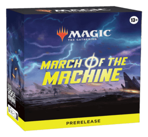 product image of a box with Magic the Gathering and March of the Machine logos over illustration of lightning over a dark field
