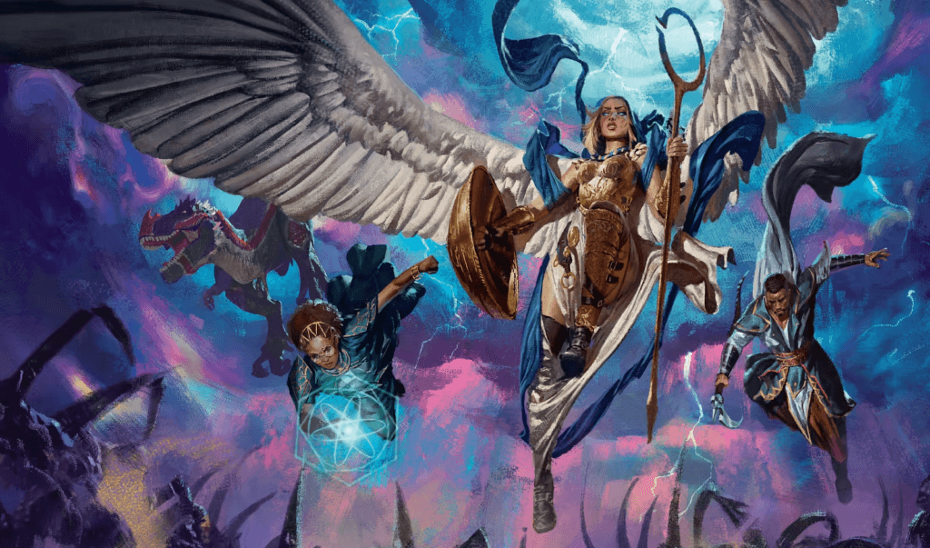 Illustration of an angelic armored woman, a dinosaur, a young woman wielding magic, and a man in robes with a polearm, flying out of the sky together